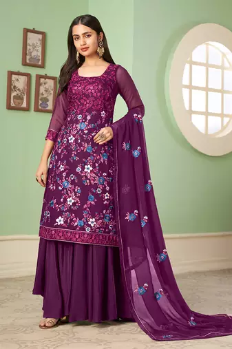 Purple embroidered georgette salwar suit
