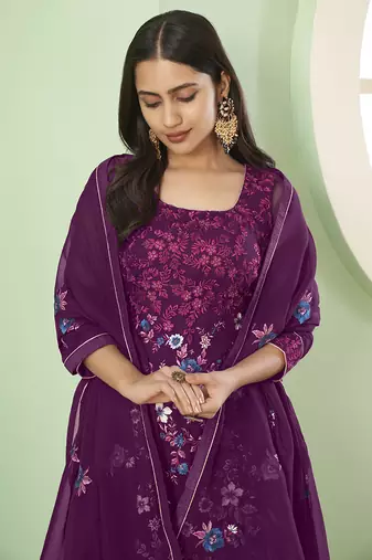 Purple embroidered georgette salwar suit