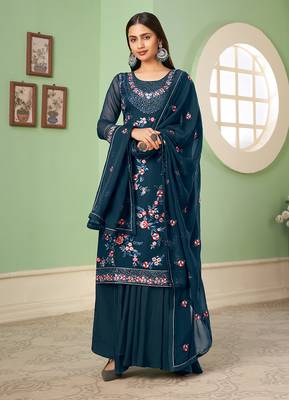 Blue embroidered palazzo salwar suit 1