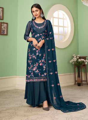 Blue embroidered palazzo salwar suit 2