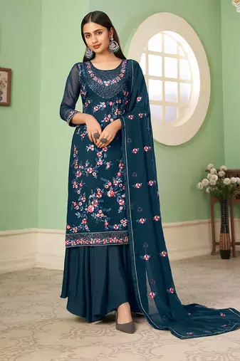 Blue embroidered palazzo salwar suit