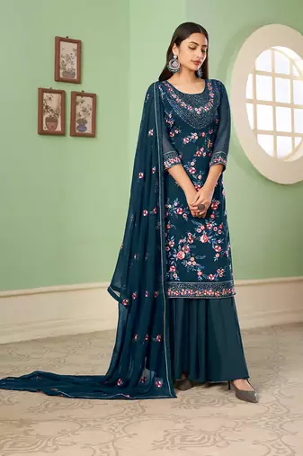 Blue embroidered palazzo salwar suit