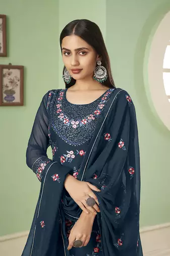 Blue embroidered palazzo salwar suit