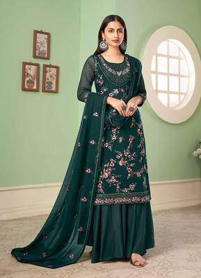 Georgette sequins Work palazzo kameez in green 1
