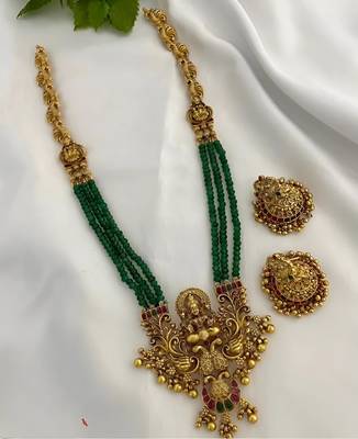 Emerald temple necklace set - antique gold goddess design with multi-strand beads (traditional collection) 1