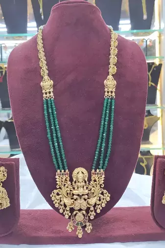Emerald temple necklace set - antique gold goddess design with multi-strand beads (traditional collection)