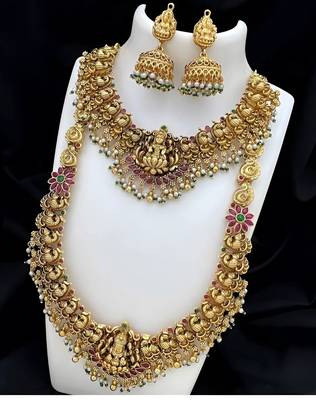 Temple jewelry long necklace set - antique gold lakshmi design with pearl drops & jhumka (bridal collection) 1