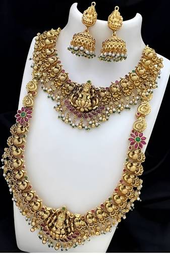 Temple jewelry long necklace set - antique gold lakshmi design with pearl drops & jhumka (bridal collection)