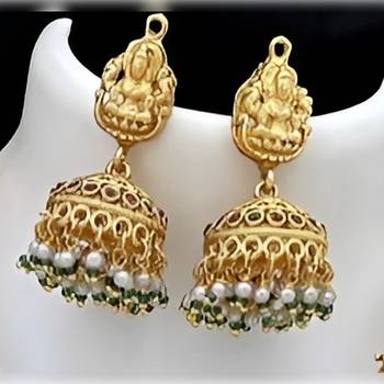 Temple jewelry long necklace set - antique gold lakshmi design with pearl drops & jhumka (bridal collection) 2