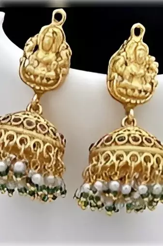 Temple jewelry long necklace set - antique gold lakshmi design with pearl drops & jhumka (bridal collection)
