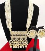 Luxury pearl rajasthani long necklace - traditional gold-plated kundan with white stones - bridal wedding jewelry set