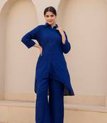 Royal blue  color cotton slub dyed up down kurti with plazzo