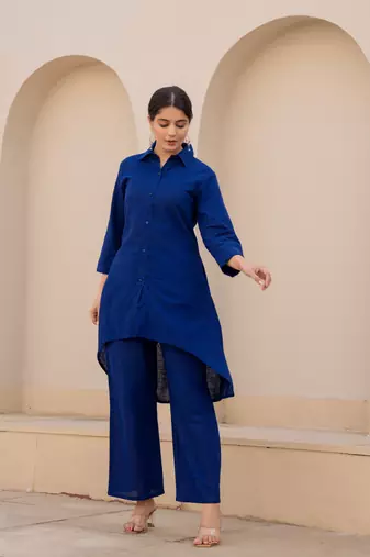 Royal blue  color cotton slub dyed up down kurti with plazzo