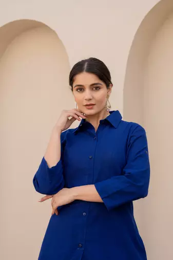 Royal blue  color cotton slub dyed up down kurti with plazzo