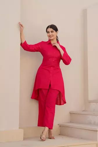 Pink  color cotton slub dyed up down kurti with plazzo