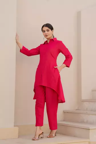 Pink  color cotton slub dyed up down kurti with plazzo