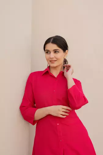 Pink  color cotton slub dyed up down kurti with plazzo