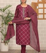 Maroon women printed aline kurta pant with dupatta set