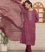 Maroon women printed aline kurta pant with dupatta set