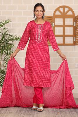 Pink women printed aline kurta pant with dupatta set 1