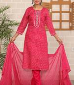 Pink women printed aline kurta pant with dupatta set