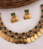 Antique gold temple coin necklace set with emerald green stones traditional south indian  bridal jewelry collection