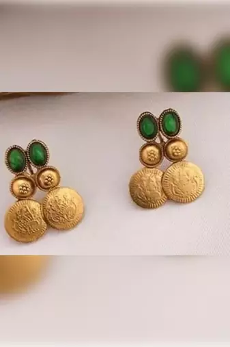 Antique gold temple coin necklace set with emerald green stones traditional south indian  bridal jewelry collection
