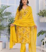 Mustard women floral printed aline kurta pant with dupatta set