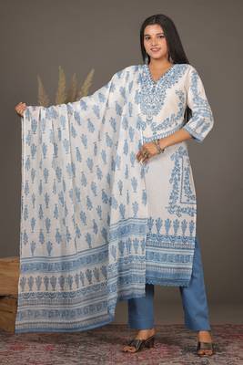 Blue women floral printed aline kurta pant with dupatta set 1
