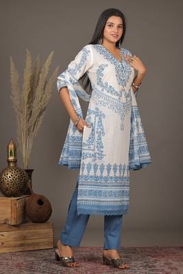 Blue women floral printed aline kurta pant with dupatta set 3