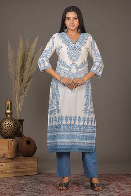 Blue women floral printed aline kurta pant with dupatta set 4