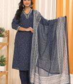 Navyblue women floral printed aline kurta pant with dupatta set