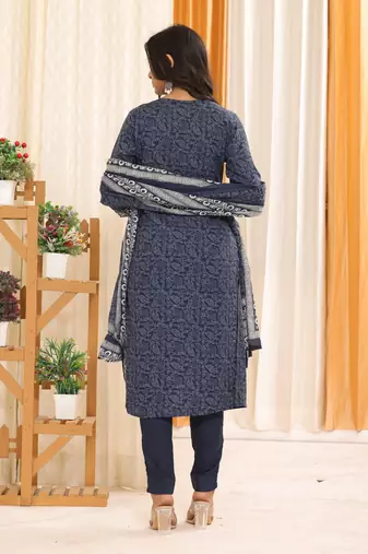 Navyblue women floral printed aline kurta pant with dupatta set