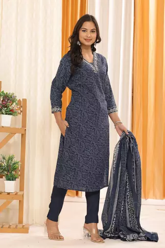 Navyblue women floral printed aline kurta pant with dupatta set