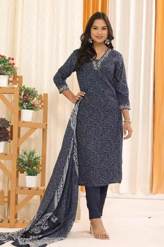 Navyblue women floral printed aline kurta pant with dupatta set