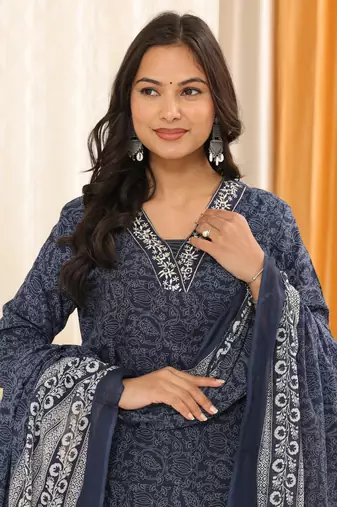 Navyblue women floral printed aline kurta pant with dupatta set