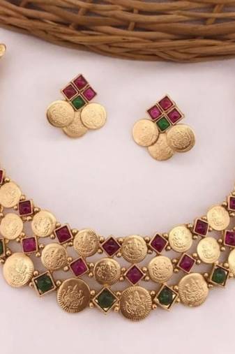 Temple coin necklace set with red green stone traditional south indian goddess lakshmi design wedding jewelry collection