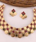 Temple coin necklace set with red green stone traditional south indian goddess lakshmi design wedding jewelry collection