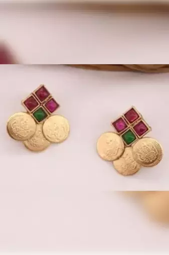 Temple coin necklace set with red green stone traditional south indian goddess lakshmi design wedding jewelry collection