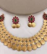 Traditional lakshmi coin necklace set with red green stone antique gold temple jewelry for indian weddings and festivals