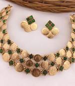 Temple coin necklace set with green stones traditional south indian goddess lakshmi design wedding jewelry collection