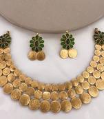 Traditional lakshmi coin necklace set with green stones antique gold temple jewelry for indian weddings and festivals