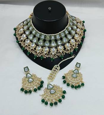 Royal kundan bridal jewelry set green & crystal choker with earrings & tikka-traditional gold-plated wedding collection 1