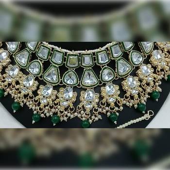 Royal kundan bridal jewelry set green & crystal choker with earrings & tikka-traditional gold-plated wedding collection 2