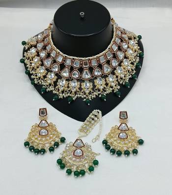 Royal kundan bridal jewelry set green & crystal choker with earrings & tikka -traditional gold-plated wedding collection 1