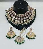 Royal kundan bridal jewelry set green & crystal choker with earrings & tikka -traditional gold-plated wedding collection