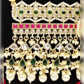 Pearl rajasthani long necklace - traditional gold-plated kundan with red and green stones - bridal wedding jewelry set 2