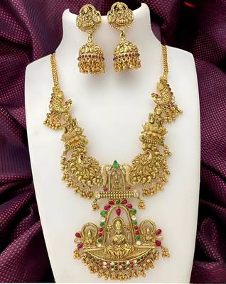Traditional temple lakshmi design gold-plated necklace set with earrings | antique finish south indian wedding jewelry 1