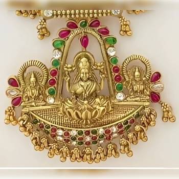 Traditional temple lakshmi design gold-plated necklace set with earrings | antique finish south indian wedding jewelry 2