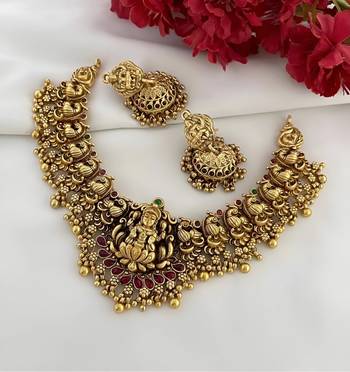 Antique gold lakshmi temple choker set - traditional south indian necklace with matching jhumkas 1